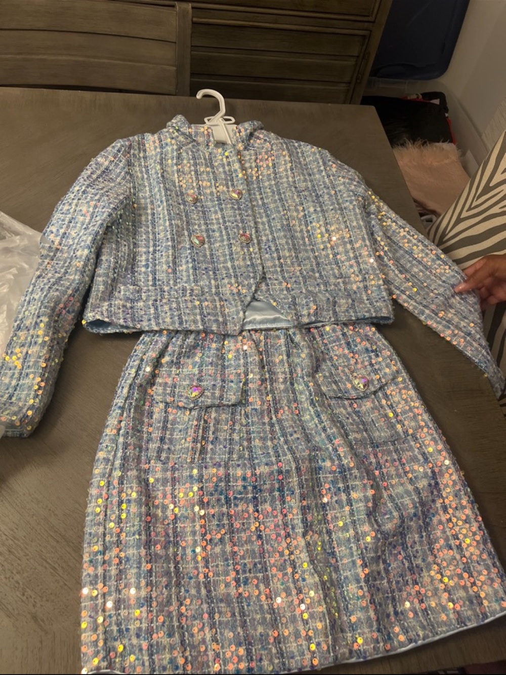 Big girls Light Blue Tweed Sequin Jacket & Skirt Set Lola + The boys